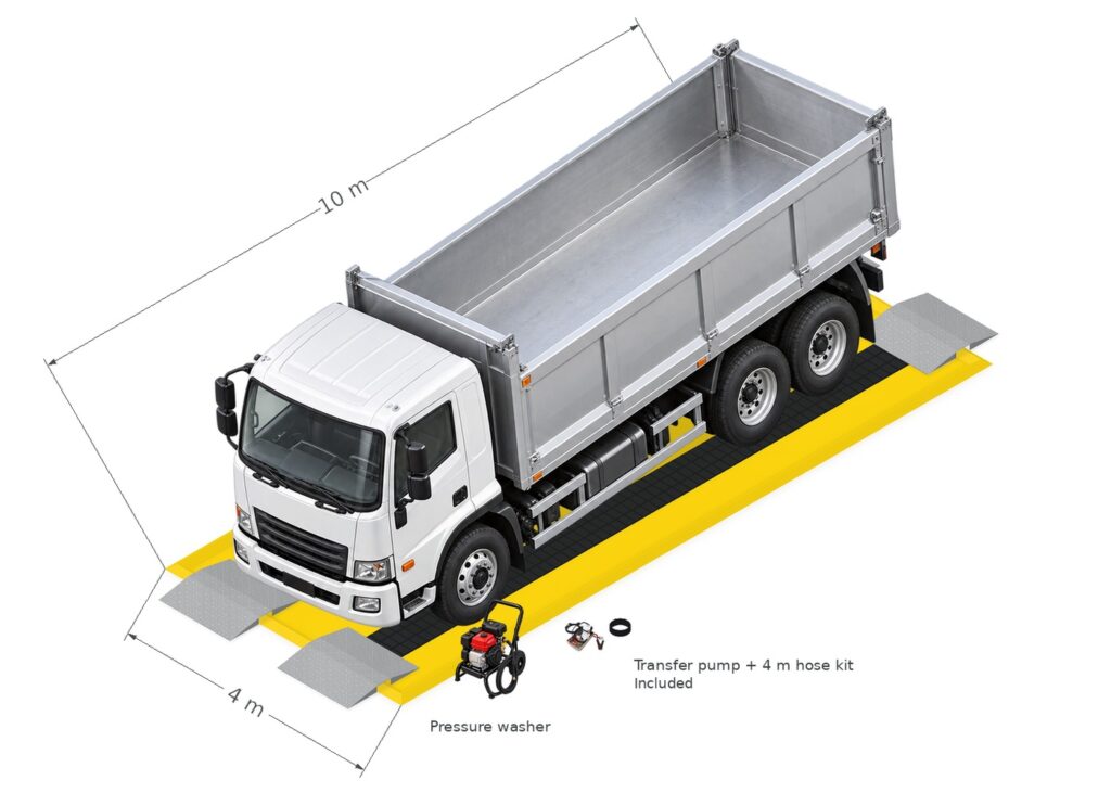Isometric illustration of a construction truck on a 10 m × 4 m wash mat with four HD drive-through ramps and pressure washer