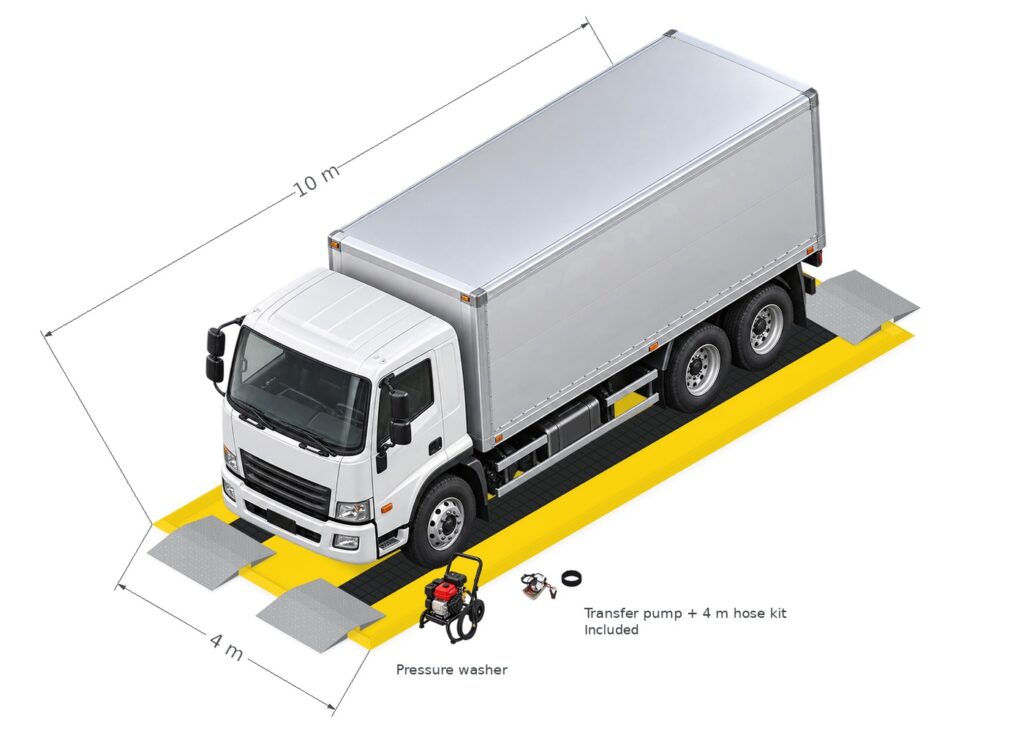 Isometric illustration of a truck on a 10 m × 4 m heavy vehicle biosecurity wash mat with HD drive-through ramps and pressure washer